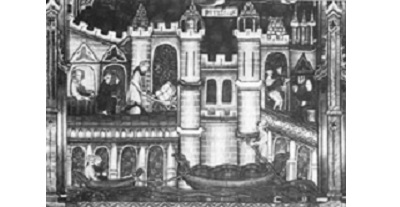 Peinture de l'ère médiévale, représentant le paiement des droits à l'entrée d'une ville.