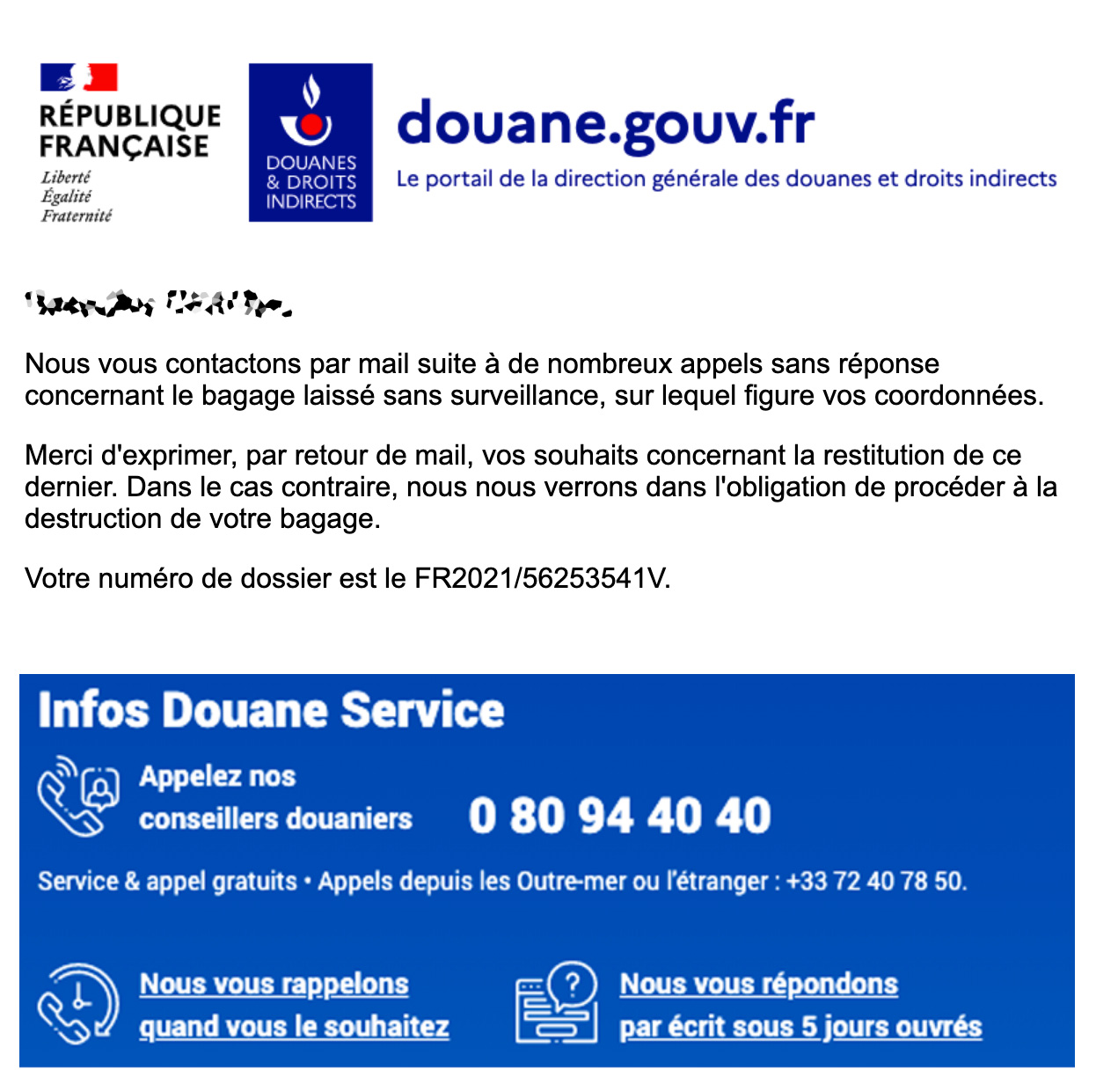 Faux email de la douane française