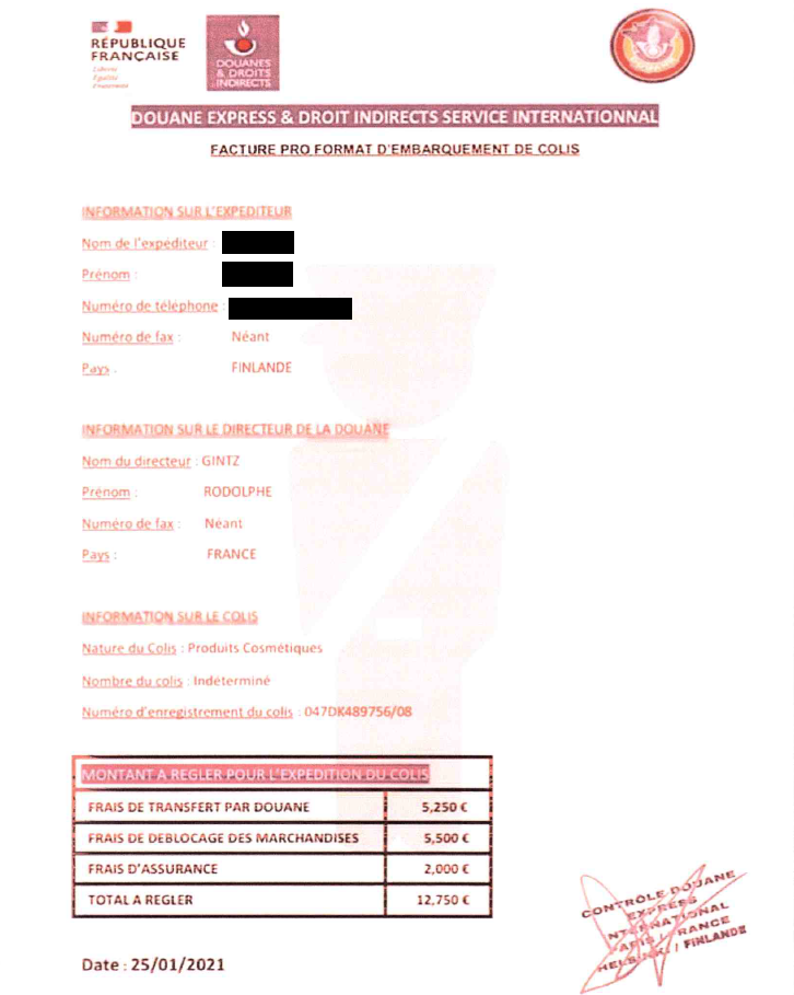 Exemple faux document colis bloqué 